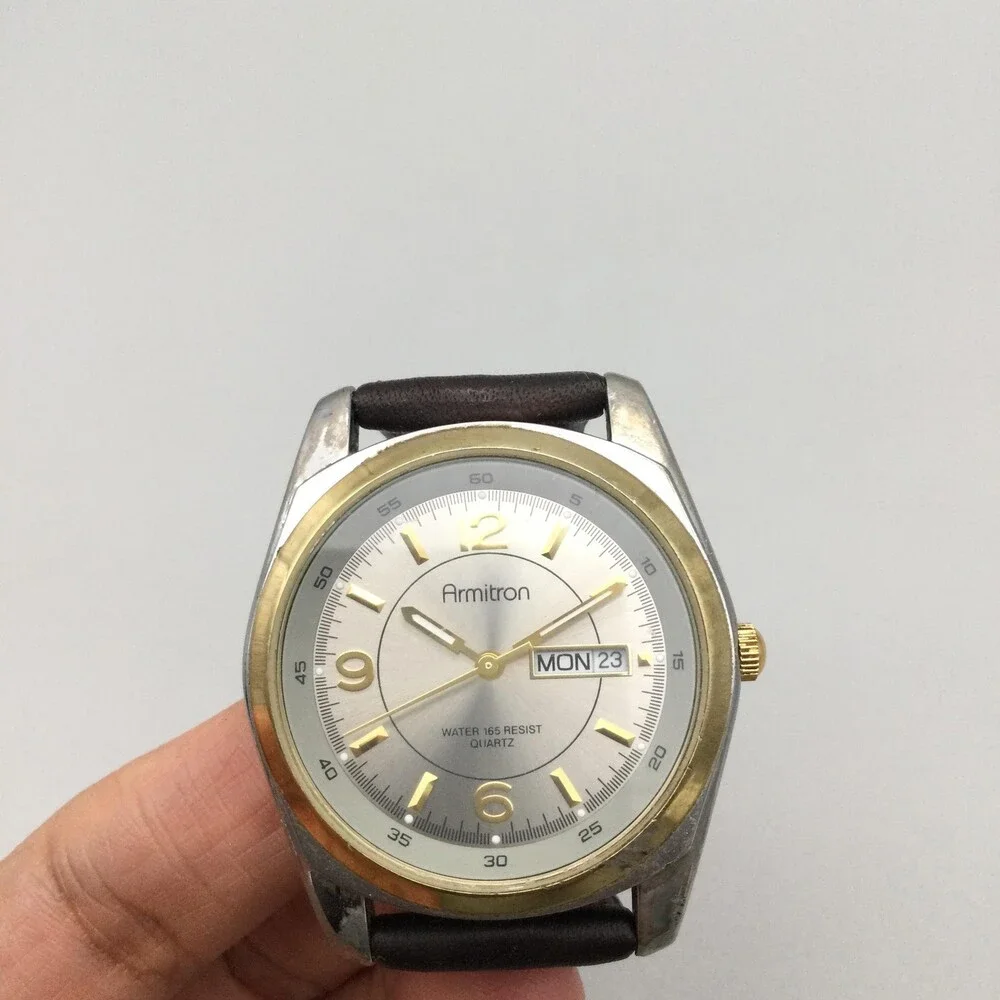 Armitron Mens Watch 38mm Two Tone Leather Strap Day Date 165FT New Battery